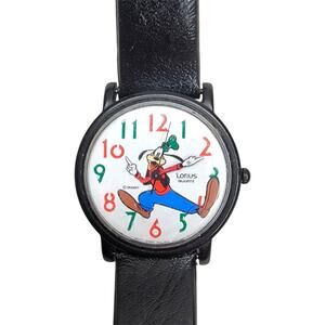 Vintage Lorus Disney Goofy Backwards Reverse Dial Analog Watch Black Running